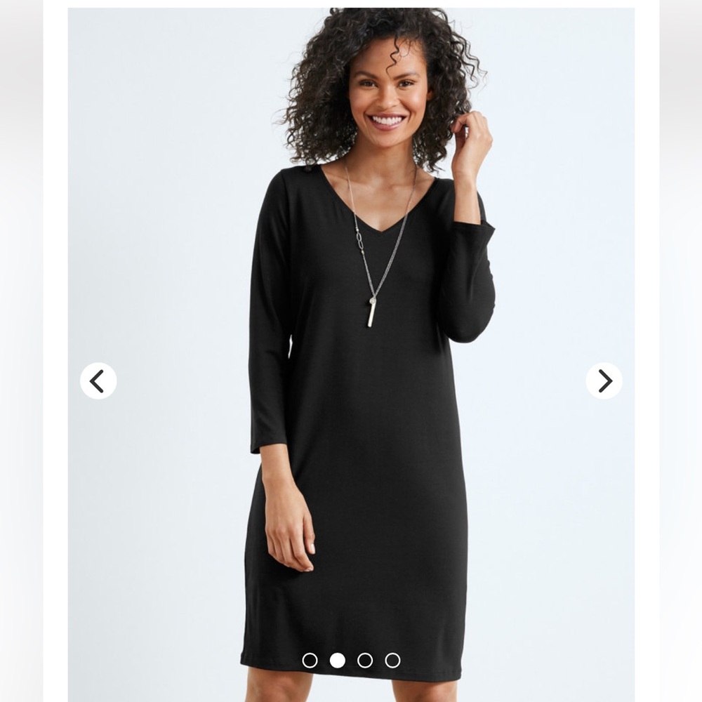 Eileen Fisher Fine Tencel Jersey Dress V-Neck Three Quarter Sleeve Black Small